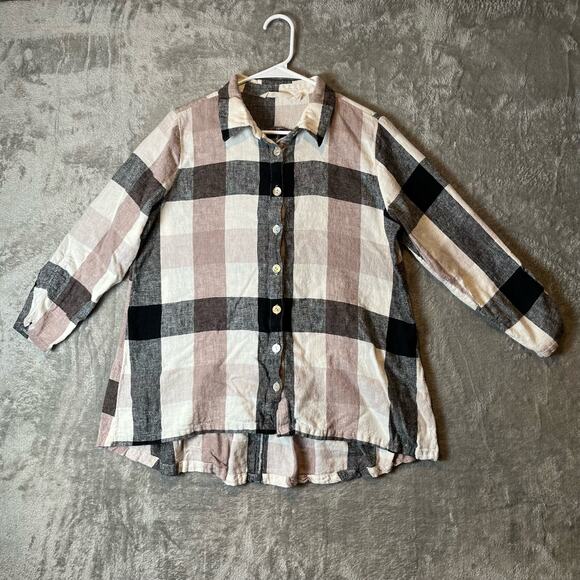Soft Surroundings Sz Large Plaid Zip Back Linen Blend Button Up Shirt Women's - Picture 1 of 7